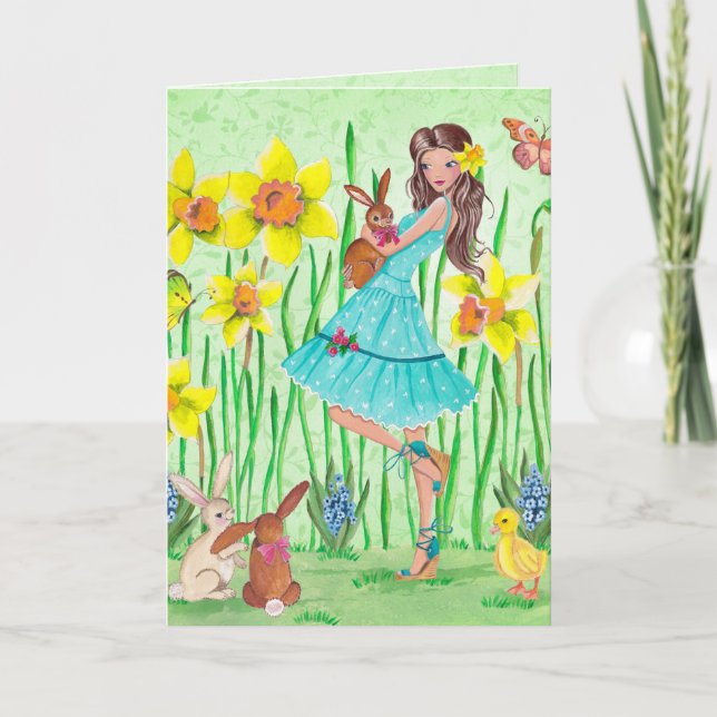 Cartão De Festividades Stylish Green & Yellow Easter Floral Girl (Frente)