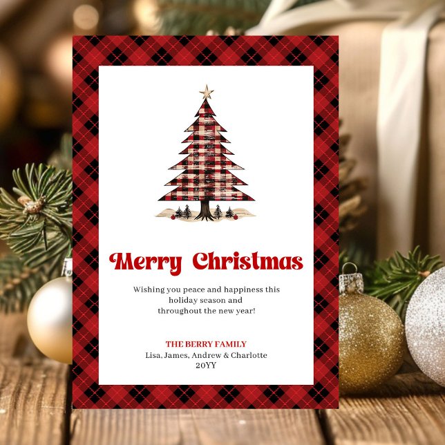 Cartão De Festividades Stylish Red Black Plaid Christmas Tree Greeting (Stylish Red Black Plaid Christmas Tree Greeting)