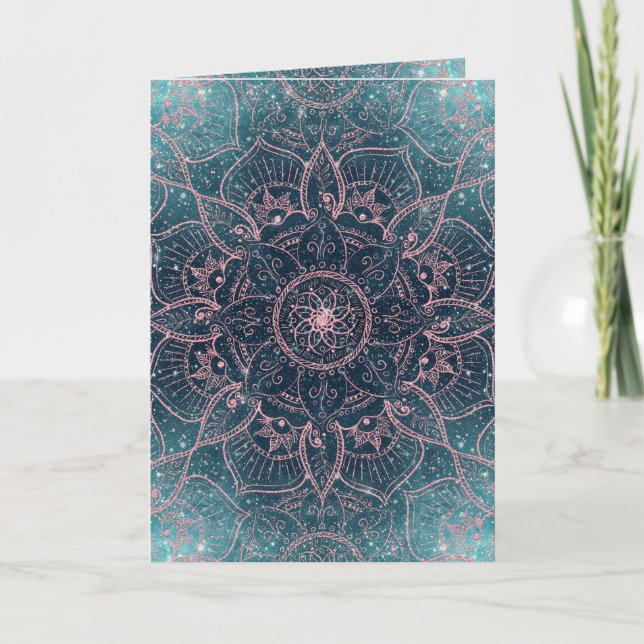 Cartão De Festividades Stylish Rose Gold Mandala Blue Nebula Stars (Frente)