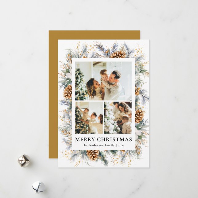 Cartão De Festividades Stylish Yellow Botanical Photo Frame Christmas (Frente/Verso In Situ)