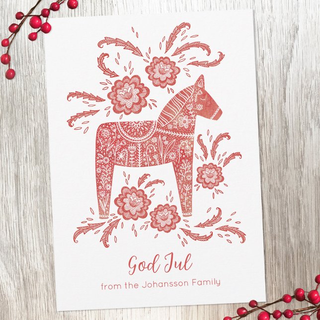 Cartão De Festividades Sueco Dala Horse God Jul (God Jul personalized red and white Swedish Dala Horse holiday card)