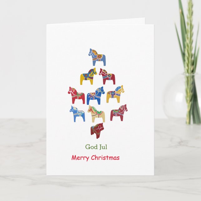 Cartão De Festividades Sueco e Inglês Dala Horse Christmas Tree Card (Frente)