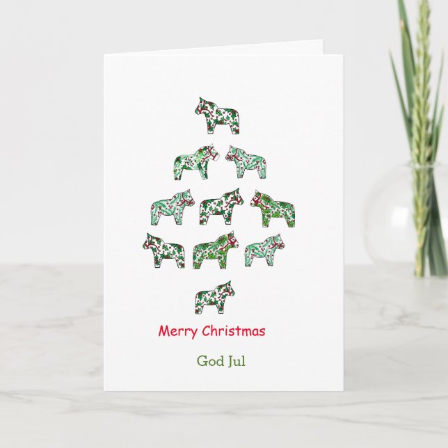 Cartão De Festividades Sueco e Inglês Dala Horse Christmas Tree Card (Frente)