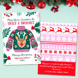Cartão De Festividades Suéter Feio com Rena Vermelha e Verde<br><div class="desc">Esta design de Natal de suéter feia apresenta um saltador feio com uma face de rena, sombria e bagas, verde e flocos de neve em uma paleta colorida de vermelho, verde e rosa. Na parte de trás deste cartão está um padrão de malabarismo com muitos motivos de Natal e um...</div>