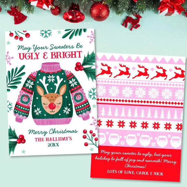 Cartão De Festividades Suéter Feio com Rena Vermelha e Verde (Ugly Sweater with Reindeer Red and Green Holiday Card)