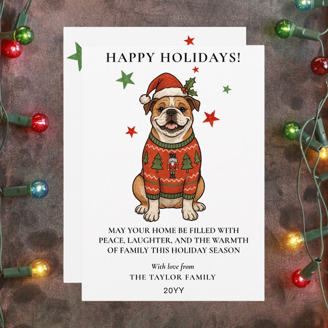Cartão De Festividades Suéter Feio de Bulldog Natal Cachorro Chapéu de Pa (Bulldog Ugly Sweater Christmas Dog Santa Hat Holiday Card
)