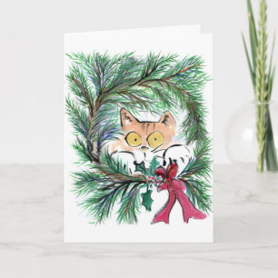 Cartão De Festividades Sumi-e, Gato de Wreath Natal
