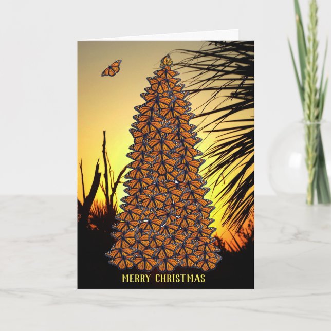Cartão De Festividades Sunset Monarch Butterflies Christmas Tree (Frente)