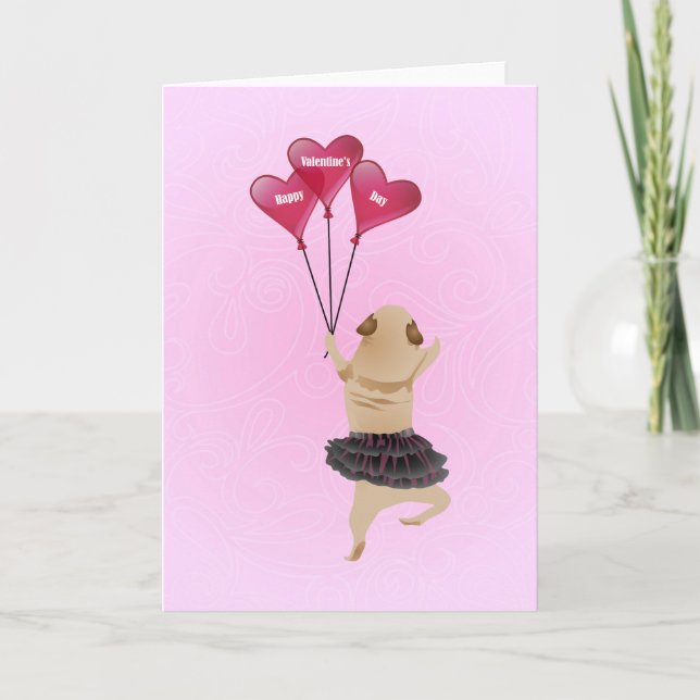 Cartão De Festividades Super Cute Valentine Pug in Tutu with Balloons (Frente)