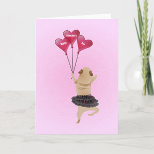 Cartão De Festividades Super Cute Valentine Pug in Tutu with Balloons