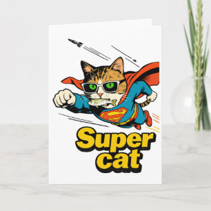 Cartão De Festividades Super Gato Voando com Peixe