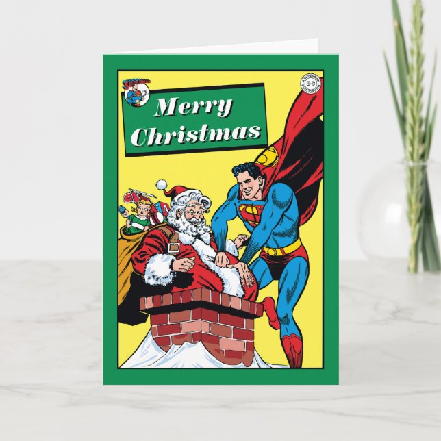 Cartão De Festividades Super-Homem Ajudando Papai Noel Na Chaminé (Frente)