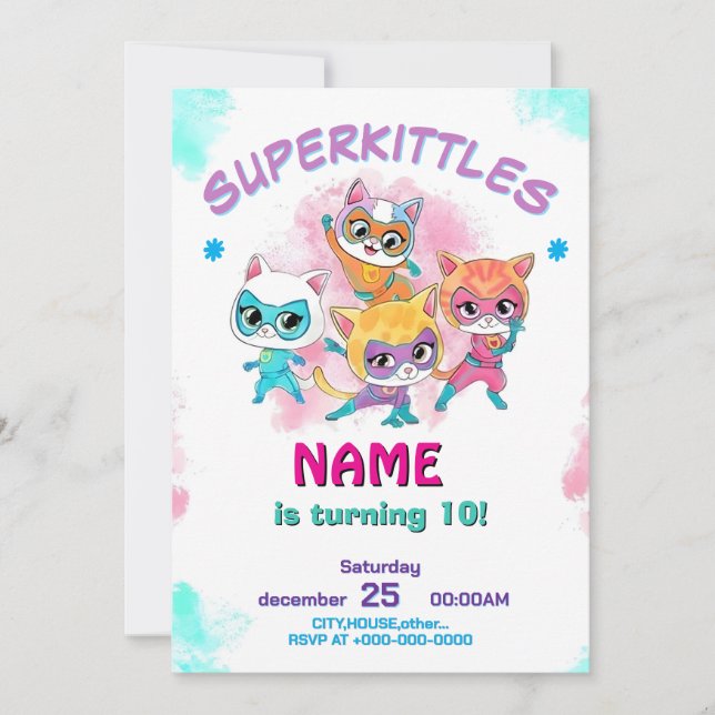 Cartão De Festividades Super Kitties Birthday Invitation Template: Girl (Frente)