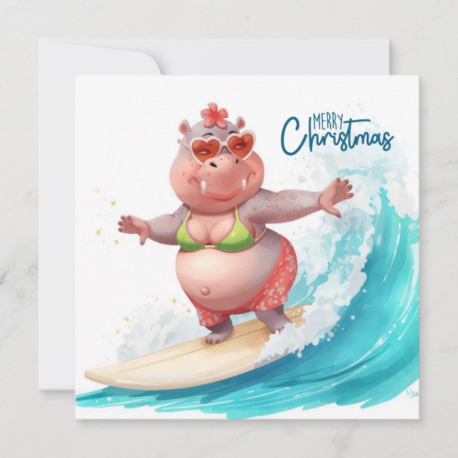 Cartão De Festividades Surfing Hippo Bikini Christmas  (Frente)