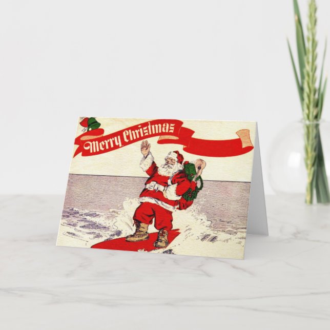 Cartão De Festividades Surfing Retro Santa Greeting Card (Frente)