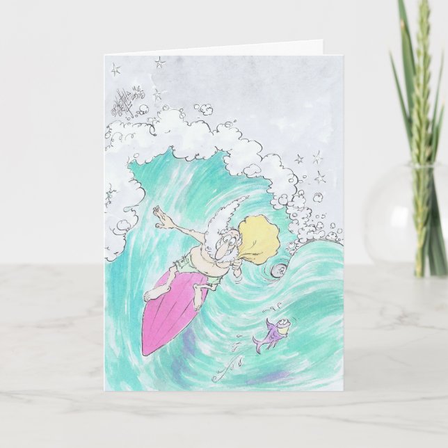 Cartão De Festividades Surfing Santa on a greeting card. (Frente)