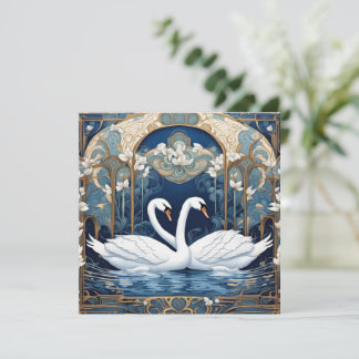 Cartão De Festividades Swan Casal Art Nouveau Bird Art Deco Blue