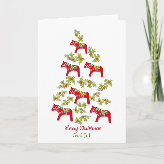 Cartão De Festividades Swedish and English Dala Horse Christmas Tree Card (Frente)