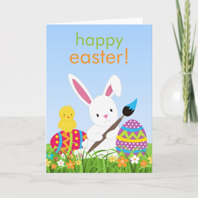 Cartão De Festividades Sweet Bunny Paint Easter Eggs Greeting Card (Frente)