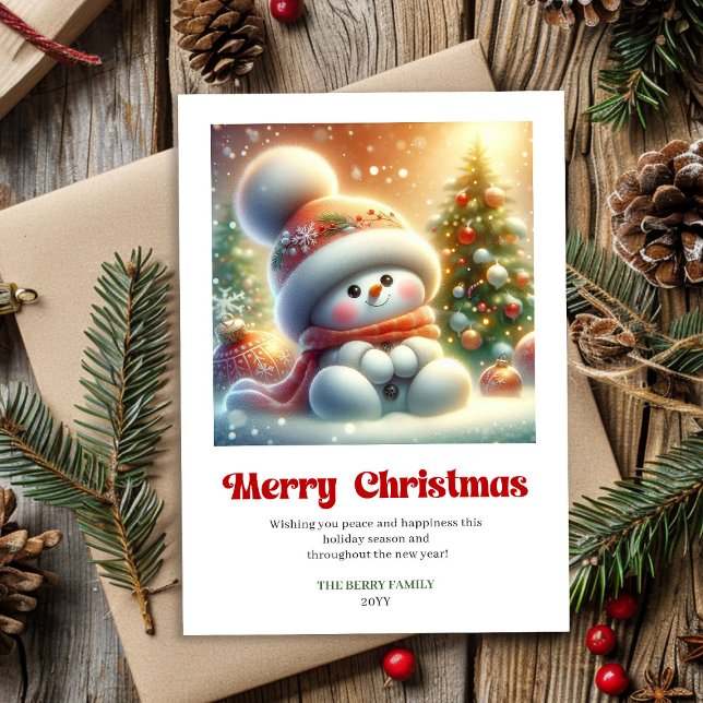 Cartão De Festividades Sweet cartoon snowman festive red green gold card (Sweet cartoon snowman festive red green gold digital)