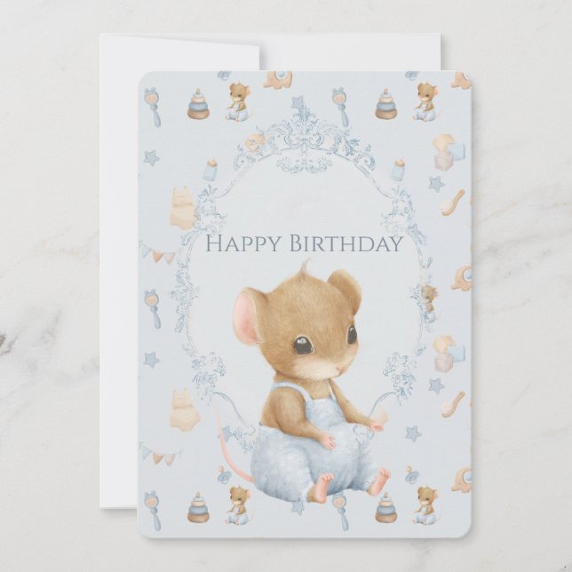 Cartão De Festividades Sweet Little Mouse Birthday Flat Holiday Card (Frente)
