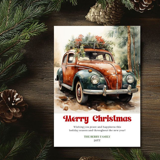 Cartão De Festividades Sweet rustic Christmas scene red car winter (Sweet rustic Christmas scene red car winter Holiday Card )