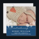 Cartão De Festividades Sweet Snowflakes | Baby Announcement<br><div class="desc">Full photo baby's newborn announcement with Script "Introducing" typography design with Elegant White Snowflakes and a Navy Blue colored Band. Polka Dots on the Back card. Customize with your own wording. This design is only meant for the square style so please email me if you would like a different size....</div>
