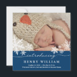 Cartão De Festividades Sweet Snowflakes | Baby Announcement<br><div class="desc">Full photo baby's newborn announcement with Script "Introducing" typography design with Elegant White Snowflakes and a Navy Blue colored Band. Polka Dots on the Back card. Customize with your own wording. This design is only meant for the square style so please email me if you would like a different size....</div>