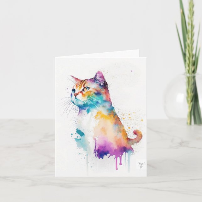 Cartão De Festividades Tabby Cat A Retrato em Aquarelas e Canetas (Frente)