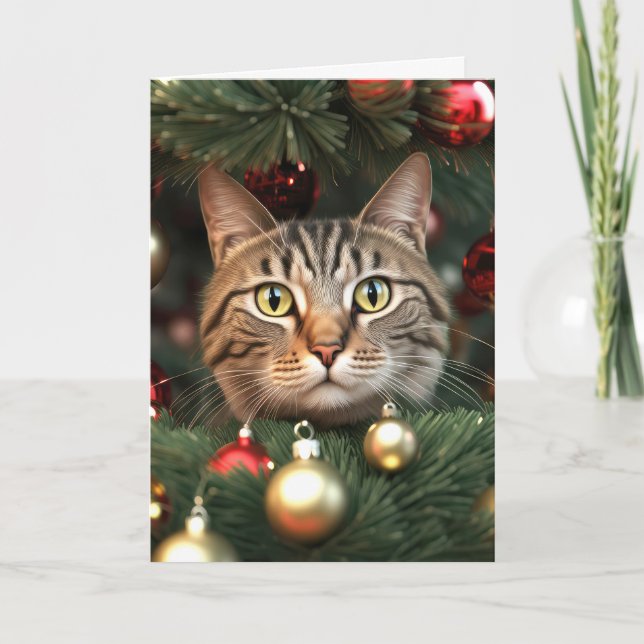 Cartão De Festividades Tabby Cat Em Uma Árvore De Natal (Frente)