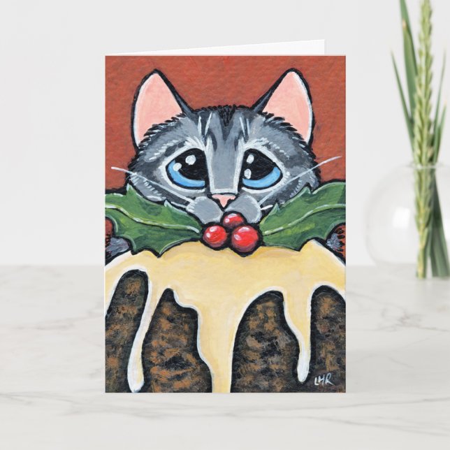 Cartão De Festividades Tabby Gato Triste e Pintura de Pudim de Natal (Frente)