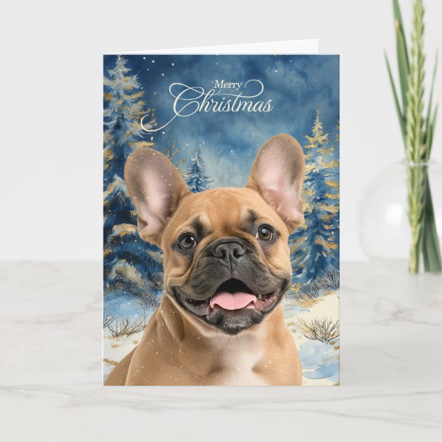 Cartão De Festividades Tan French Bulldog Pine Winter Forest Christmas (Frente)