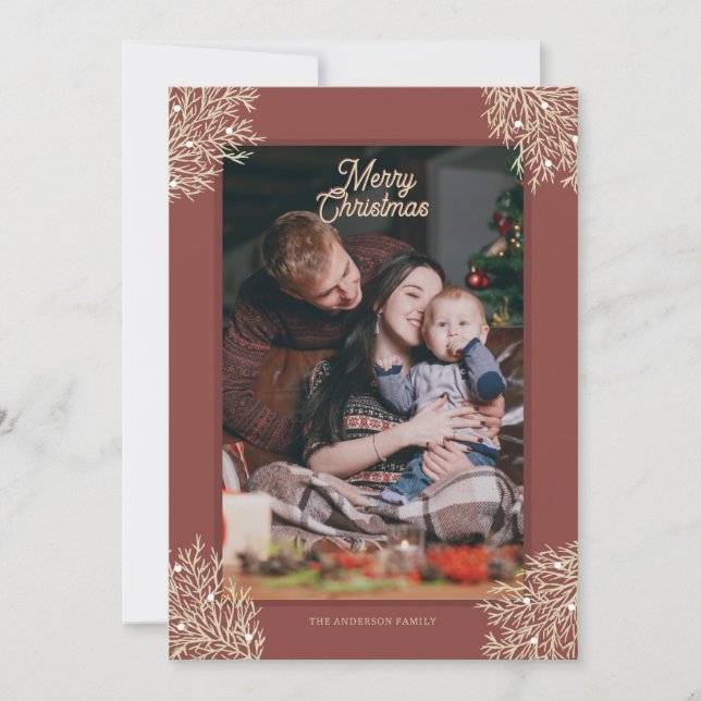 Cartão De Festividades Tarjeta de Navidad ilustración hojas abeto rojo (Frente)