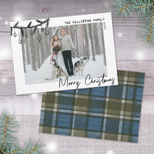 Cartão De Festividades Tartan Azul de Natal Desenhado à Mão