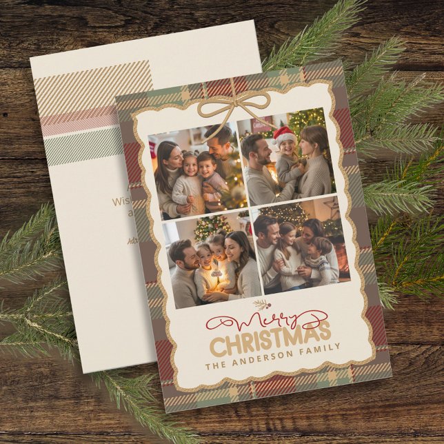Cartão De Festividades Tartan Border Christmas 4 Photo Template ID1141A (Criador carregado)