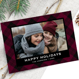Cartão De Festividades Tartan Festivo Burgundy e Preto Natal Foto