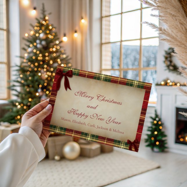 Cartão De Festividades Tartan Plaid Christmas Red Bow Christmas Card (Criador carregado)