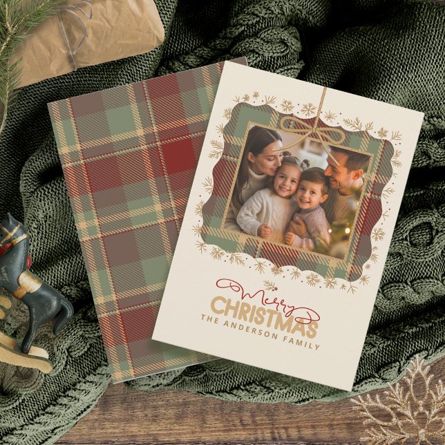 Cartão De Festividades Tartan Trim Christmas One Photo Template ID1141A (Criador carregado)