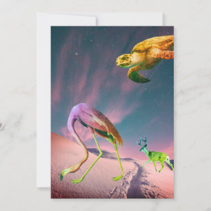 Cartão De Festividades Tartaruga de rena flamingos de colagem surreal