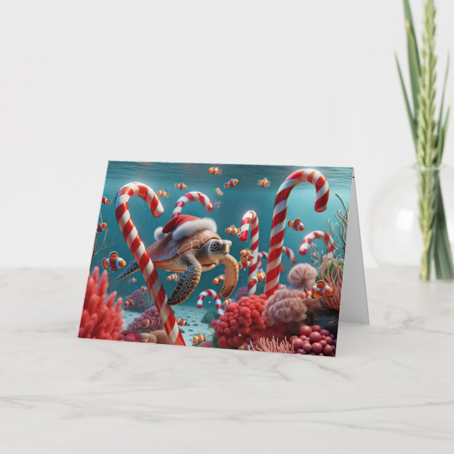Cartão De Festividades Tartaruga-do-mar com chapéu de Natal (Frente)