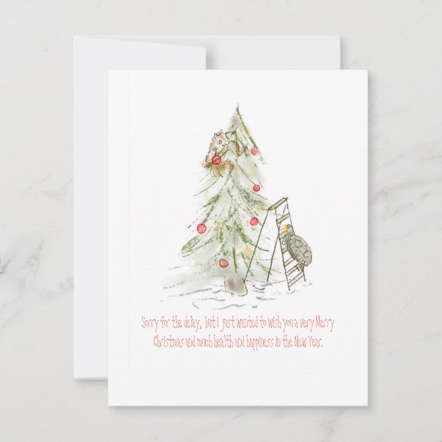 Cartão De Festividades Tartaruga e Esquilo com Árvore de Natal Tarde (Frente)