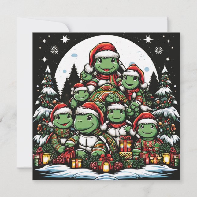 Cartão De Festividades Tartaruga feliz com presentes de Natal  (Frente)