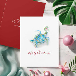 Cartão De Festividades Tartaruga Marinha de Natal à Beira-Mar em Aquarela