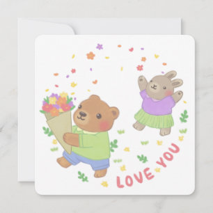 Cartão De Festividades Te Amo: Urso de Teddy & Coelhinho com Flores