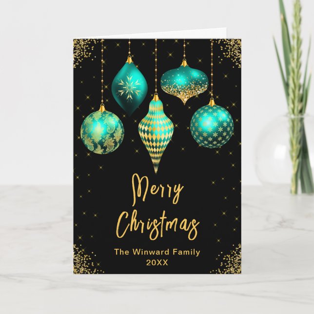 Cartão De Festividades Teal and Gold Ornaments Merry Christmas (Frente)
