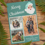 Cartão De Festividades Teal and White Santa Claus Photo Collage Christmas<br><div class="desc">This fun and festive photo holiday card is ready to be customized with three of your own photos and your own from message and features a teal and white colors scheme with a retro style Santa Claus graphic alongside the message "Merry Christmas" in white script lettering.</div>