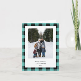 Cartão De Festividades Teal Black Buffalo Plaid Border 3 Photo Christmas