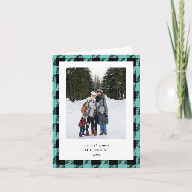Cartão De Festividades Teal Black Buffalo Plaid Border 3 Photo Christmas (Frente)