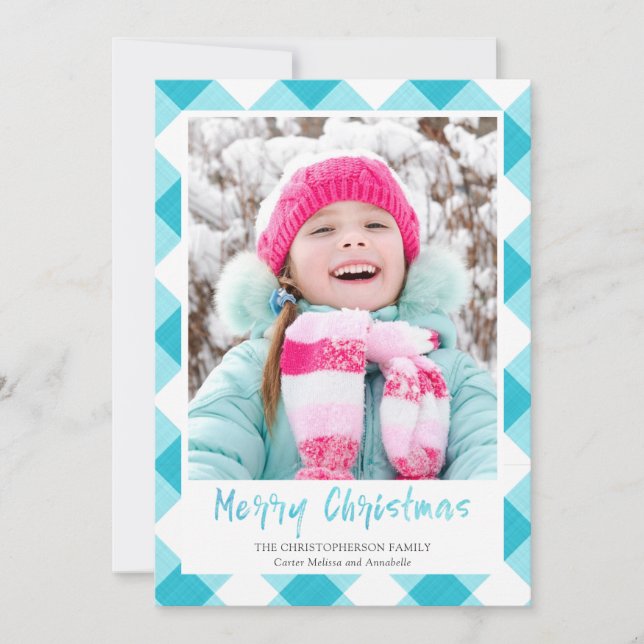 Cartão De Festividades Teal Buffalo Check Brush Script FELIZ NATAL (Frente)