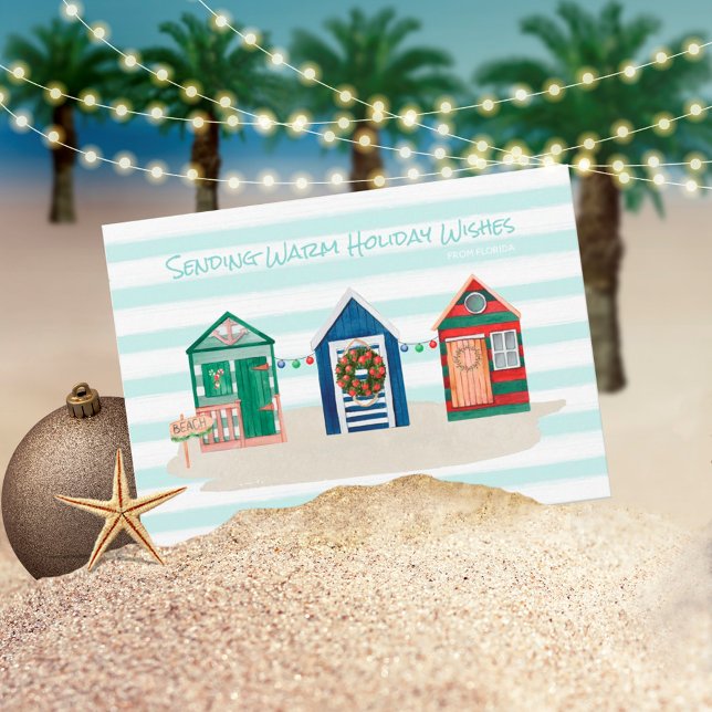 Cartão De Festividades Teal Coastal Beach Warm Wish Beach Huts Holiday (Criador carregado)